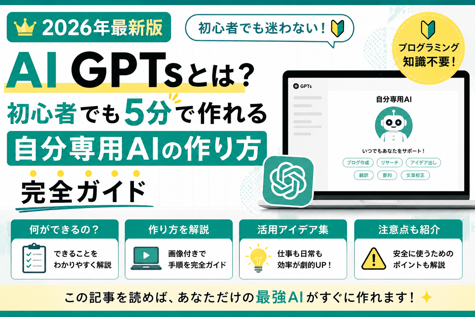 AI GPTsの基本から自分専用AIの作り方まで、初心者向けに5分で始められる手順を解説した本文画像