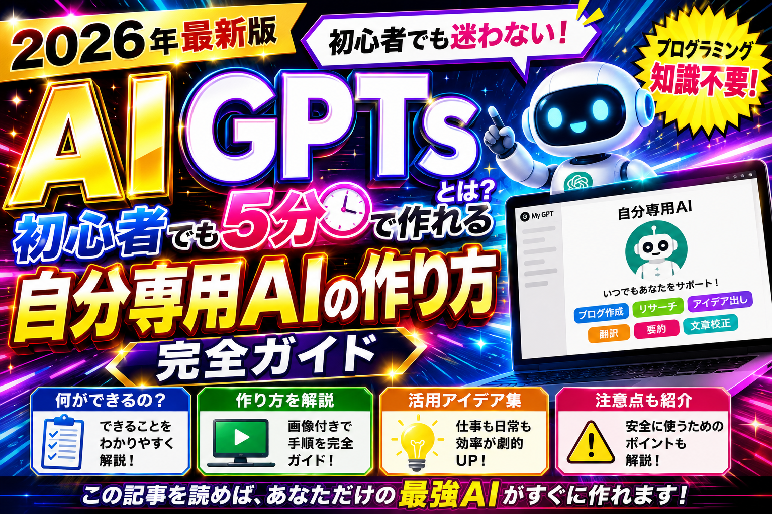 初心者でも迷わずAI GPTsを作れる方法を、ド派手なビジュアルでわかりやすく紹介した解説画像