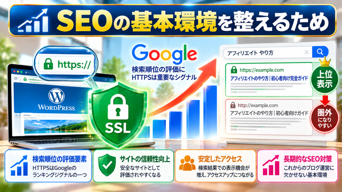 WordPressのSSL設定がSEOの基本環境を整える理由。HTTPSによる通信の暗号化、Google検索におけるランキングシグナル、サイトの信頼性向上と長期的なSEO対策を解説。