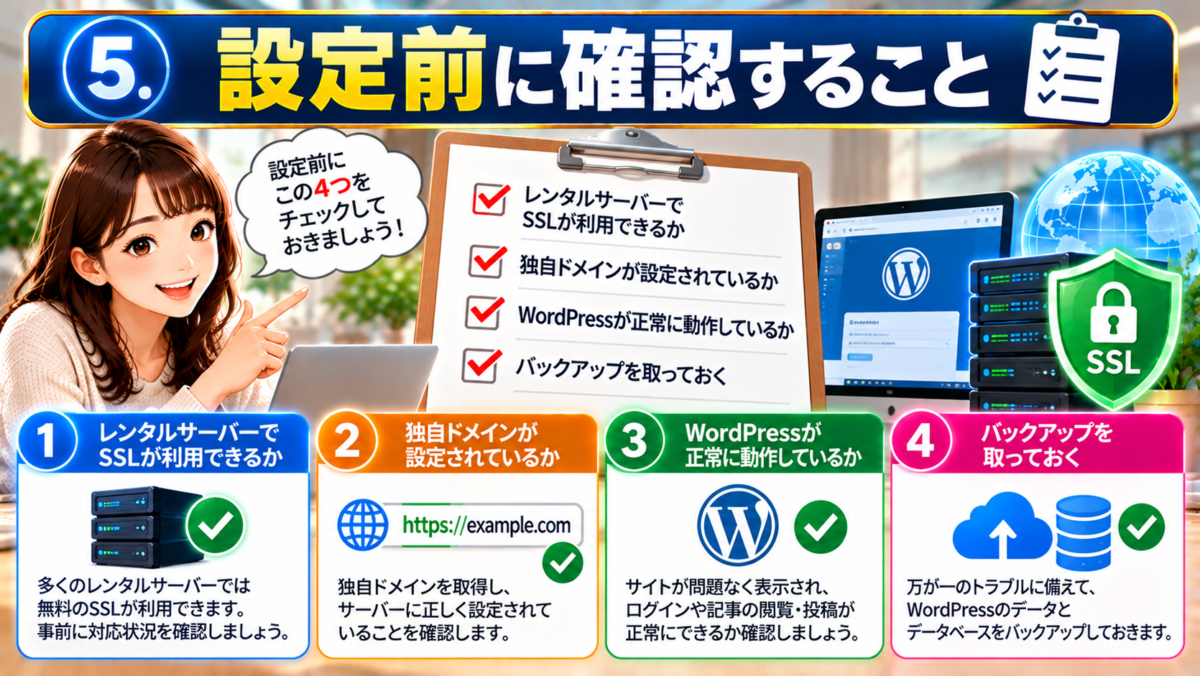 WordPressのSSL設定前に確認する4つの項目。レンタルサーバーでSSLが利用できるか、独自ドメインが正しく設定されているか、WordPressが正常に動作しているか、バックアップを取得しているかを解説。