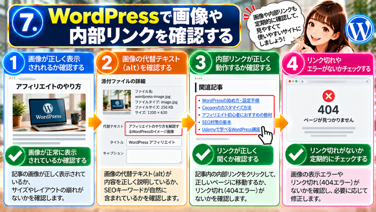 WordPressで画像や内部リンクを確認する方法。記事画像が正しく表示されているか、代替テキスト（alt）が画像内容を適切に説明しているか、内部リンクが正しいページにつながるか、リンク切れや404エラーがないかを確認する手順。