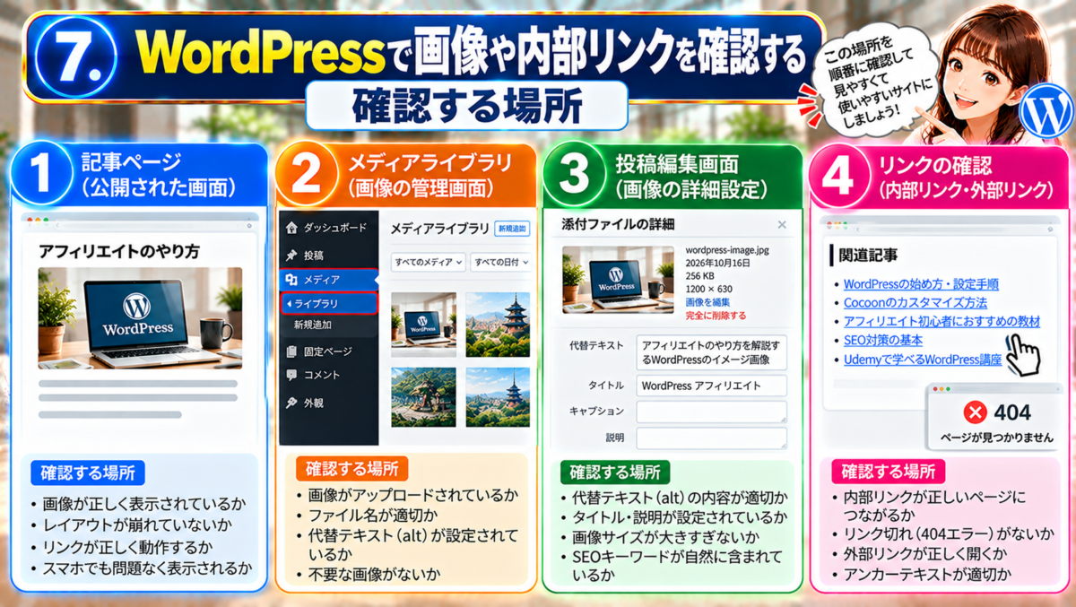 WordPressで画像や内部リンクを確認する場所を解説する図解。公開記事での画像表示、メディアライブラリでの画像管理、画像の代替テキスト（alt）やタイトルの設定、内部リンク・外部リンクの動作と404エラーの確認方法を紹介。