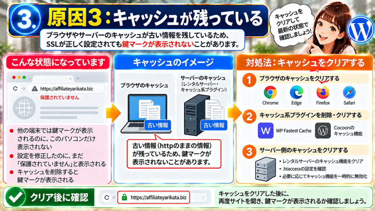 WordPressでSSL設定後も鍵マークが表示されない原因3「キャッシュが残っている」。ブラウザ、WP Fastest Cacheなどのキャッシュ系プラグイン、レンタルサーバーのキャッシュを削除し、HTTPS接続と鍵マークが正常に表示されるか確認する方法。
