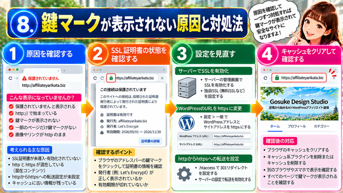 WordPressで鍵マークが表示されない原因と対処法。SSL証明書の有効性、HTTPとHTTPSの混在（Mixed Content）、WordPressのURL設定、HTTPS転送、キャッシュの問題を確認し、安全な接続に修正する手順。
