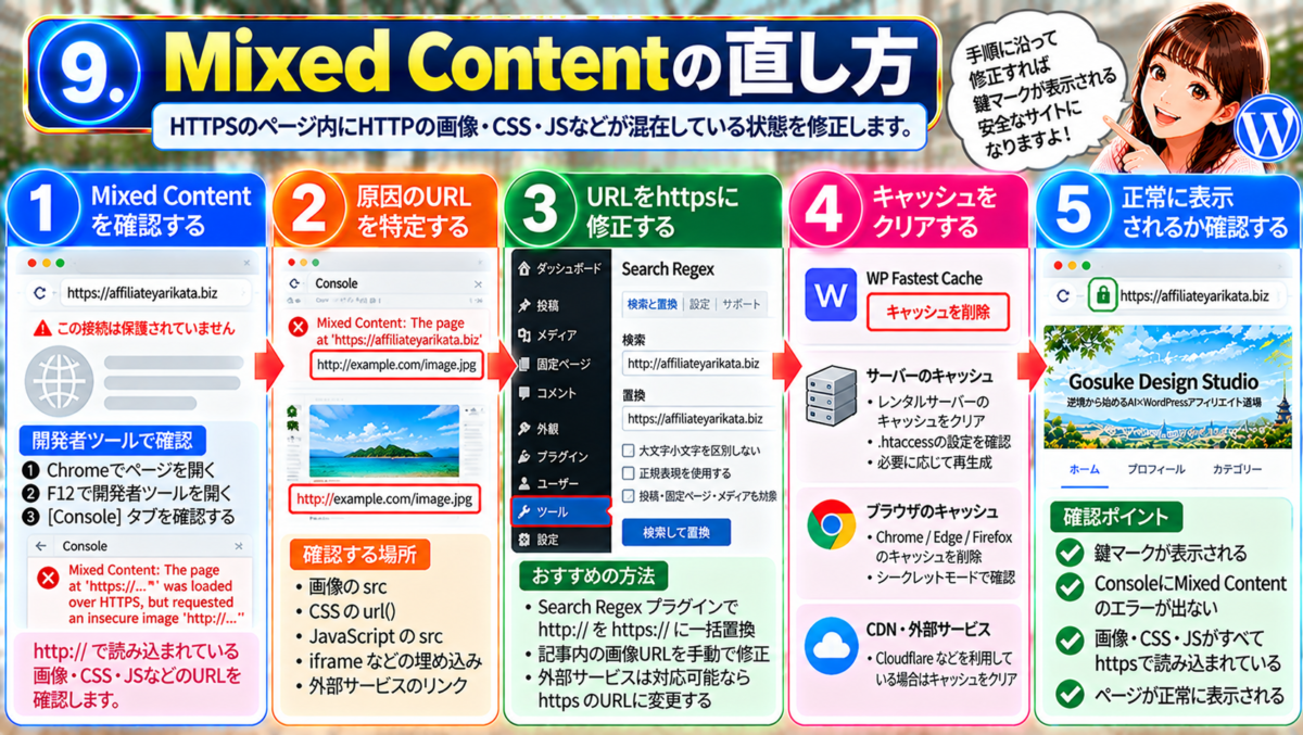 WordPressのMixed Content（混在コンテンツ）の直し方。HTTPSページ内に残ったHTTP画像・CSS・JavaScript・外部リンクのURLを特定し、HTTPSへ修正する方法、キャッシュの削除、鍵マークと正常な表示の確認手順を解説。
