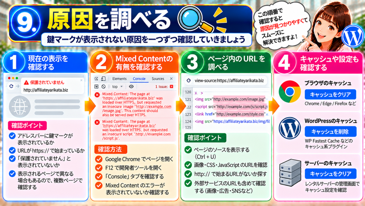 WordPressでSSL設定後に鍵マークが表示されない原因を調べる方法。ブラウザのHTTPS表示、Chrome開発者ツールのConsoleに表示されるMixed Contentエラー、ページ内のHTTP画像・CSS・JavaScriptのURL、ブラウザ・WordPress・サーバーのキャッシュ設定を確認する手順。