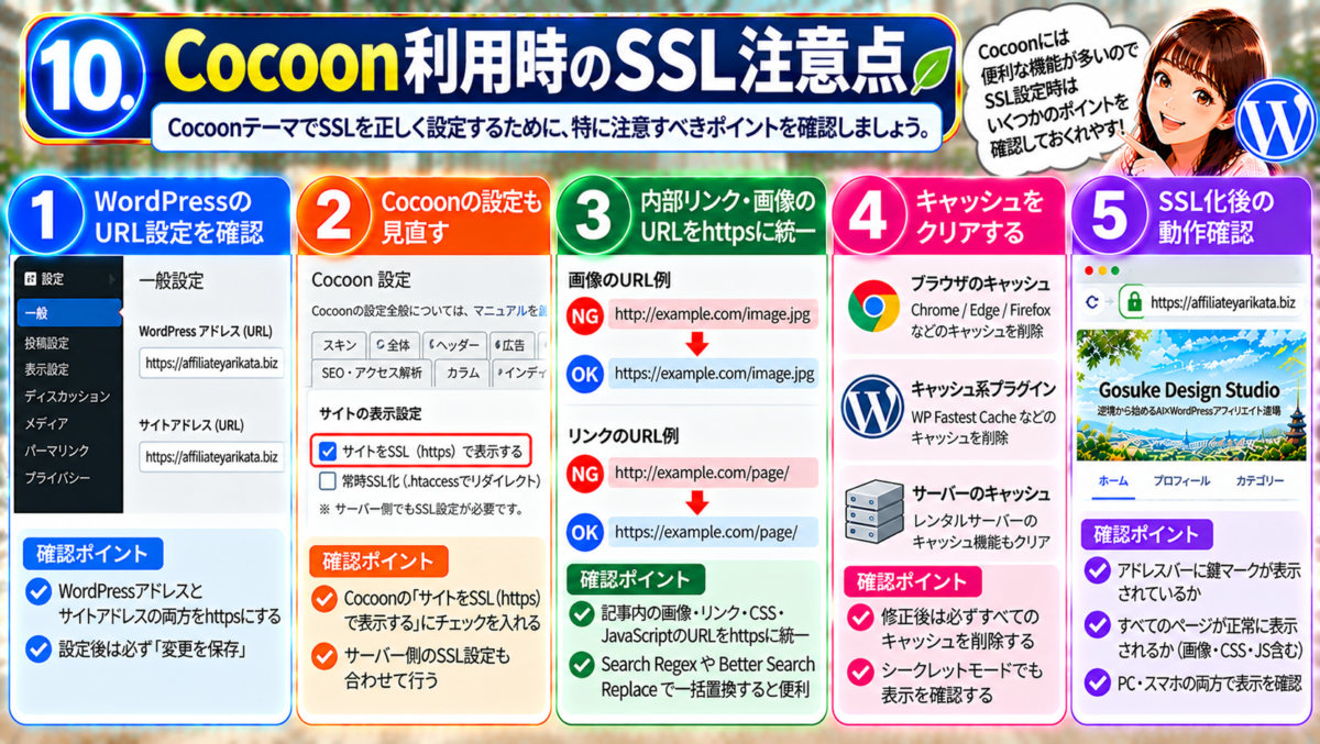 Cocoon利用時のSSL設定の注意点。WordPressアドレスとサイトアドレスのHTTPS化、Cocoon設定の「サイトをSSL（https）で表示する」の確認、画像・内部リンクのHTTPS統一、キャッシュ削除、SSL設定後の鍵マークとPC・スマホでの表示確認を解説。