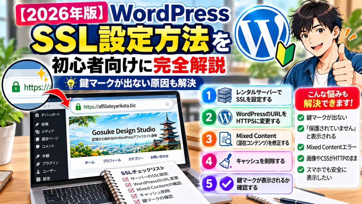 WordPressのMixed Content（混在コンテンツ）の直し方。HTTPSページ内に残ったHTTP画像・CSS・JavaScript・外部リンクのURLを特定し、HTTPSへ修正する方法、キャッシュの削除、鍵マークと正常な表示の確認手順を解説。