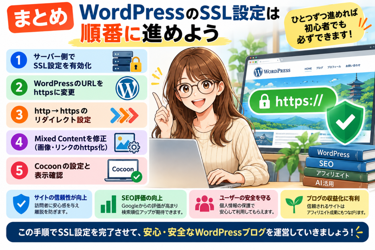 WordPressのSSL設定方法のまとめ｜サーバー側のSSL有効化、URLのHTTPS化、リダイレクト設定、Mixed Content修正、Cocoonの設定と表示確認の5ステップ