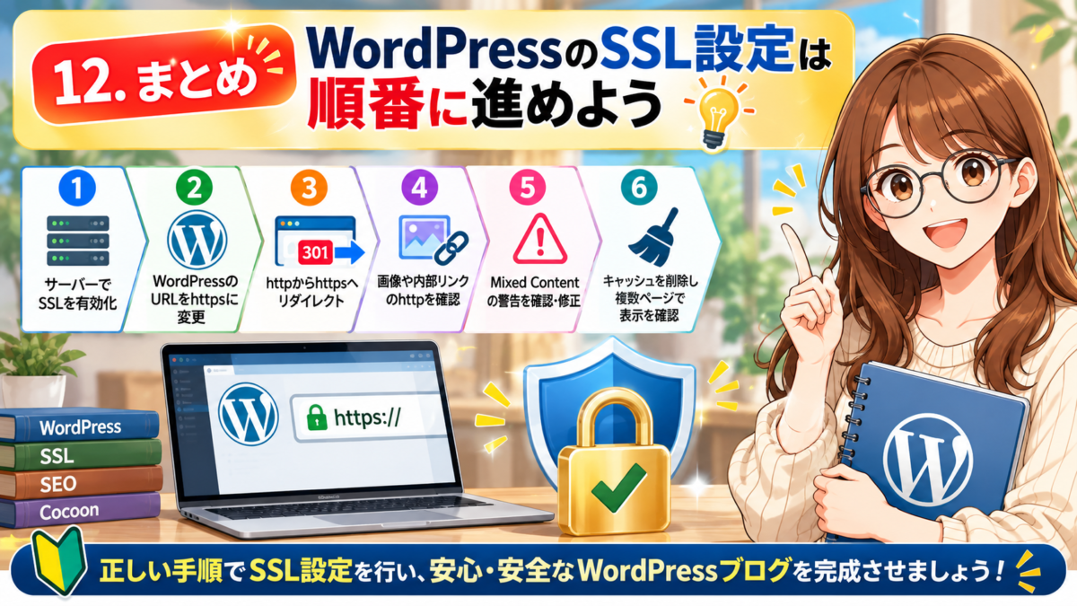 WordPressのSSL設定まとめ｜サーバーでのSSL有効化、URLのHTTPS化、リダイレクト設定、画像や内部リンクの確認、Mixed Contentの修正、キャッシュ削除まで6つの手順を解説する図解