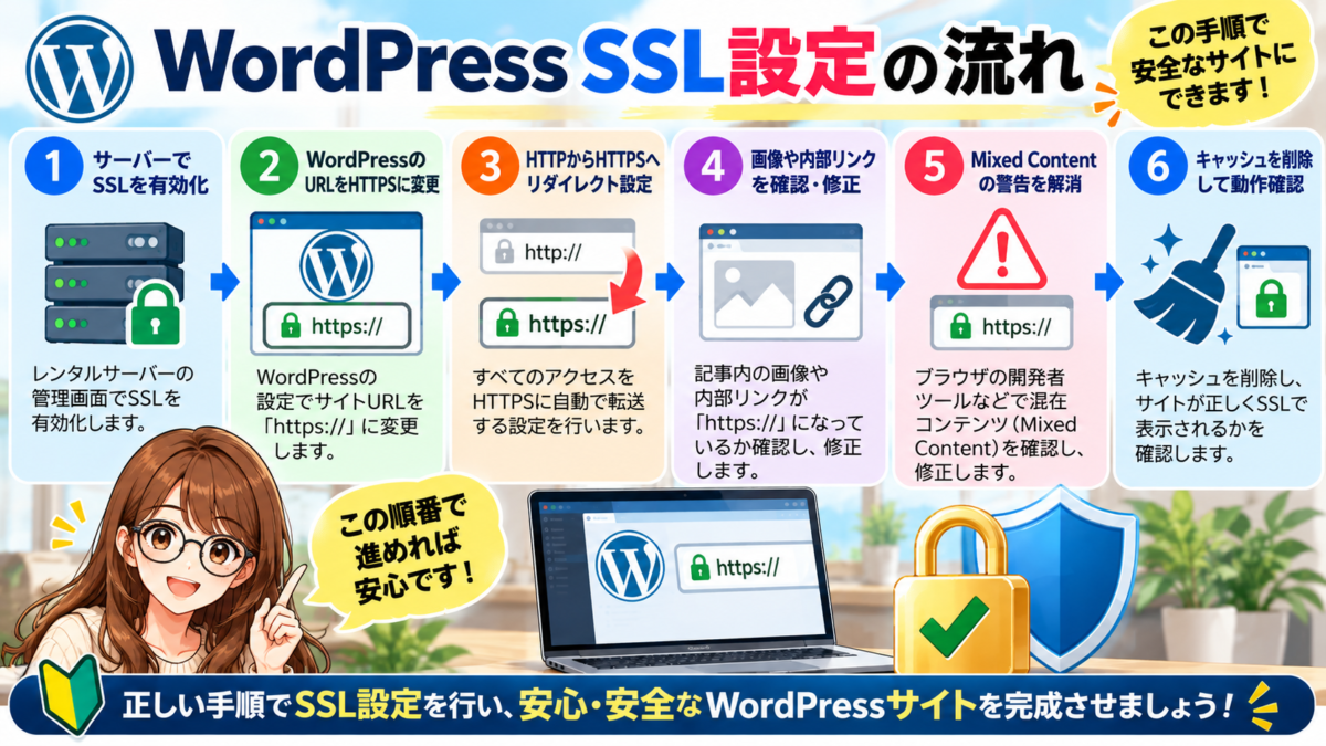 WordPress SSL設定の流れ｜サーバーでのSSL有効化、WordPressのURL変更、HTTPSリダイレクト、画像や内部リンクの修正、Mixed Content対策、キャッシュ削除と表示確認の6ステップ