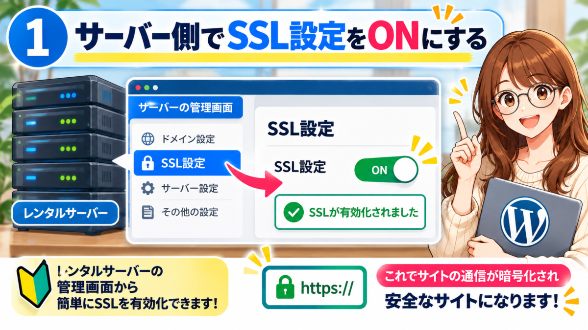 サーバー側でSSL設定をONにする方法｜レンタルサーバーの管理画面でSSLを有効化し、HTTPS通信でWordPressサイトを安全に保護する手順