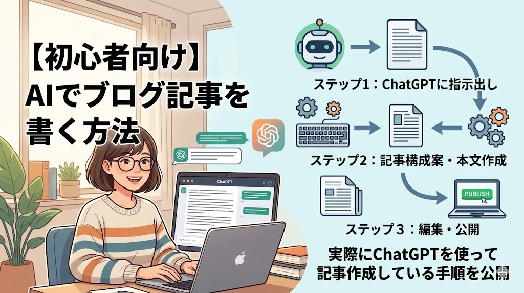 ChatGPTを活用したブログ記事作成手順を解説する図解。AIを使ったキーワード選定、記事構成作成、本文執筆、WordPress投稿までを初心者向けに紹介。