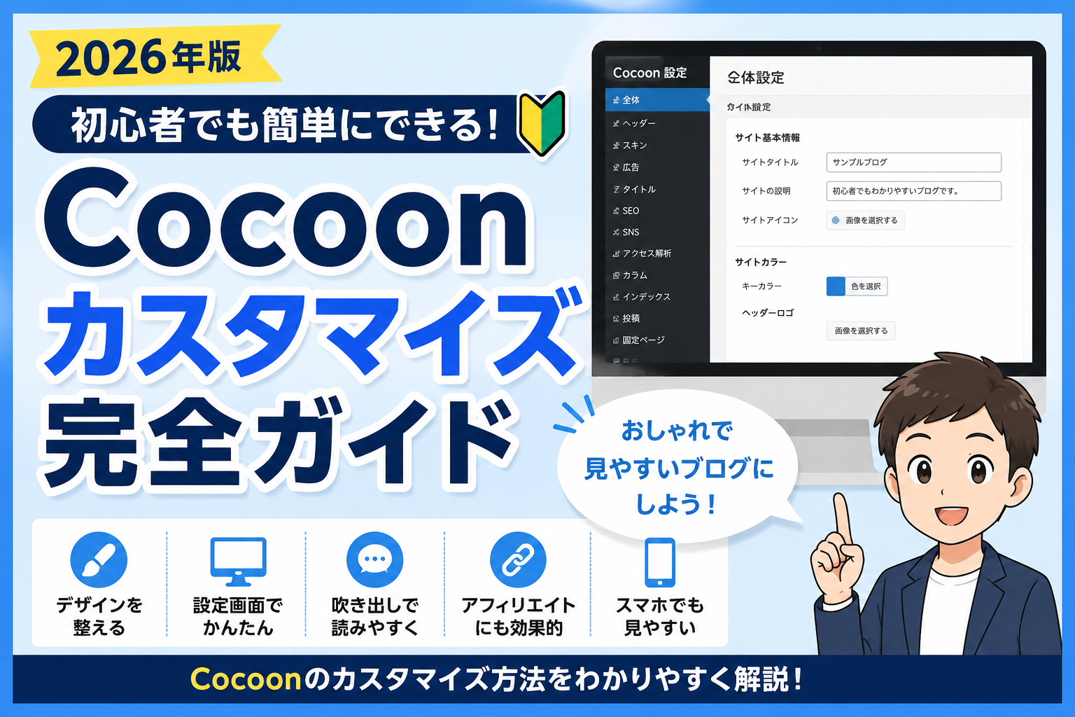 Cocoonカスタマイズの基本手順を解説した図解。Cocoon設定の開き方からデザイン変更、保存方法までを初心者向けに説明。
