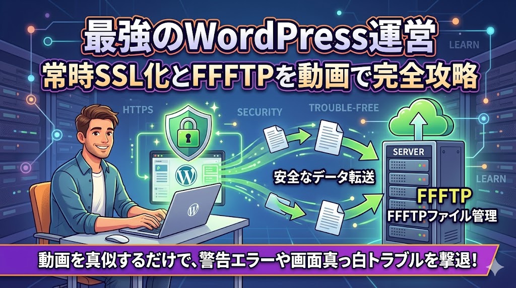初心者向けWordPress独自SSL化（HTTPS）とFFFTPファイル転送設定の動画講座アイキャッチ画像。パソコンを操作する男性とセキュリティの盾、フォルダのイラスト。