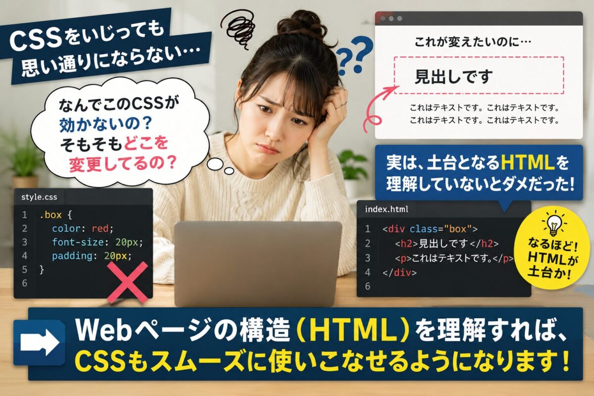 HTMLを理解してからCSSを学ぶ重要性を解説する画像。Webページの骨組みとなるHTMLを理解することで、CSSによるデザイン変更やCocoonカスタマイズが理解しやすくなることを紹介。