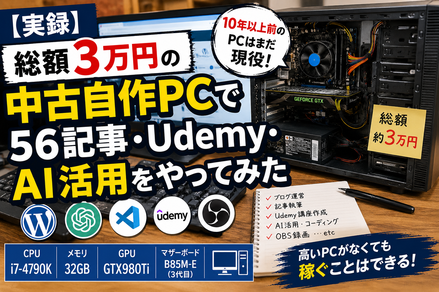 総額約3万円で組み上げた中古自作PCの内部構成を公開。Intel Core i7-4790K、GTX980Ti、ASUS B85M-E（3代目）を搭載した実際の作業環境を紹介する画像。