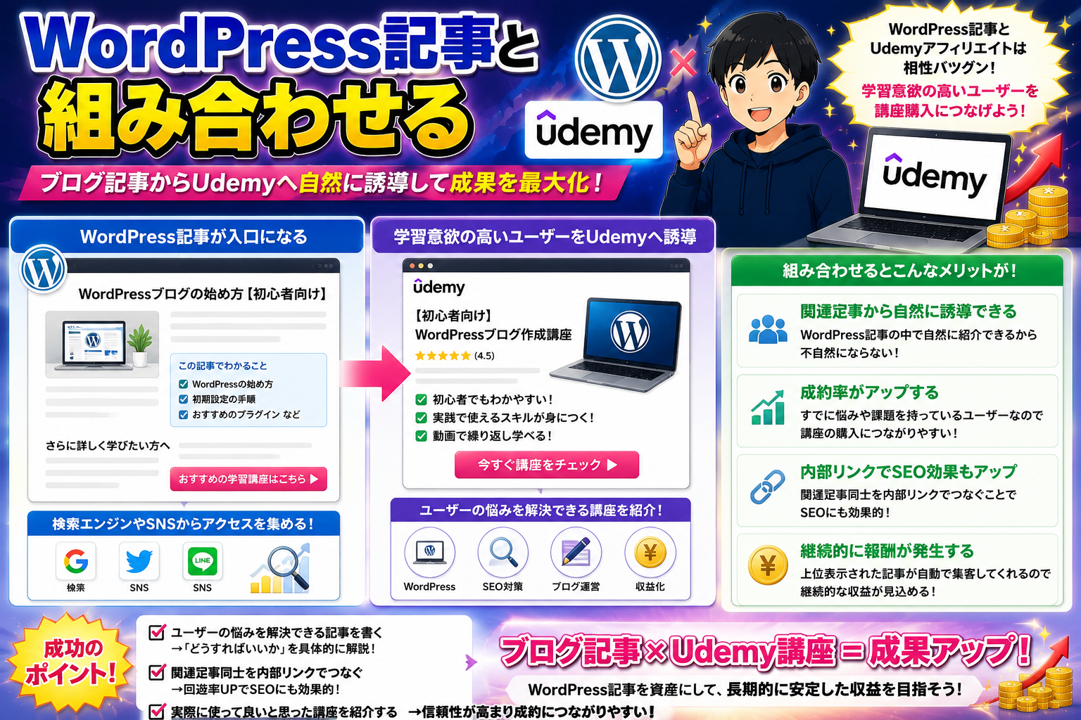 WordPress記事とUdemyアフィリエイトを組み合わせる方法を解説した画像。ブログ記事からUdemy講座へ自然に誘導し、SEOと収益化を両立する導線作りを図解で紹介。