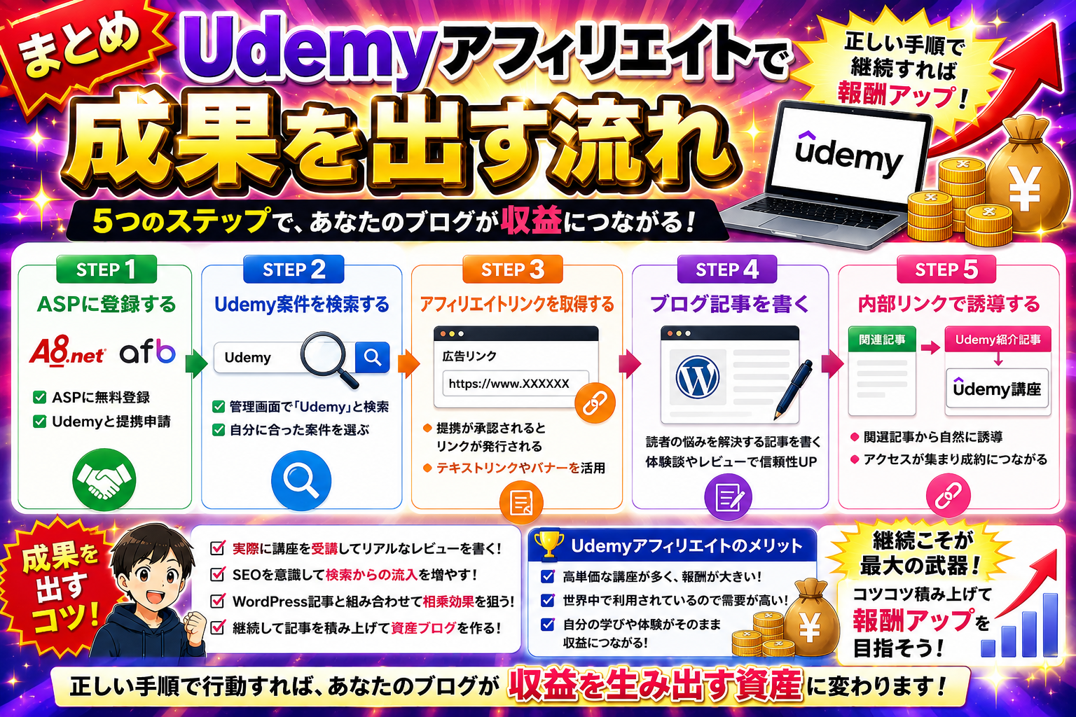 Udemyアフィリエイトの始め方から成果を出すまでの流れをまとめた図解。ASP登録、案件検索、リンク取得、記事作成、内部リンク活用による収益化の方法をわかりやすく解説。
