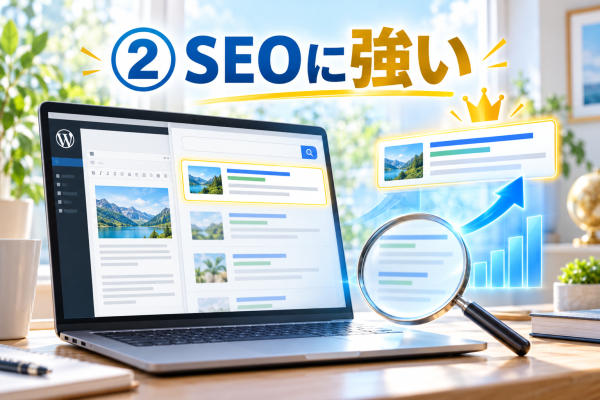 WordPressがSEOに強く検索順位とアクセス向上を目指せることを表した画像