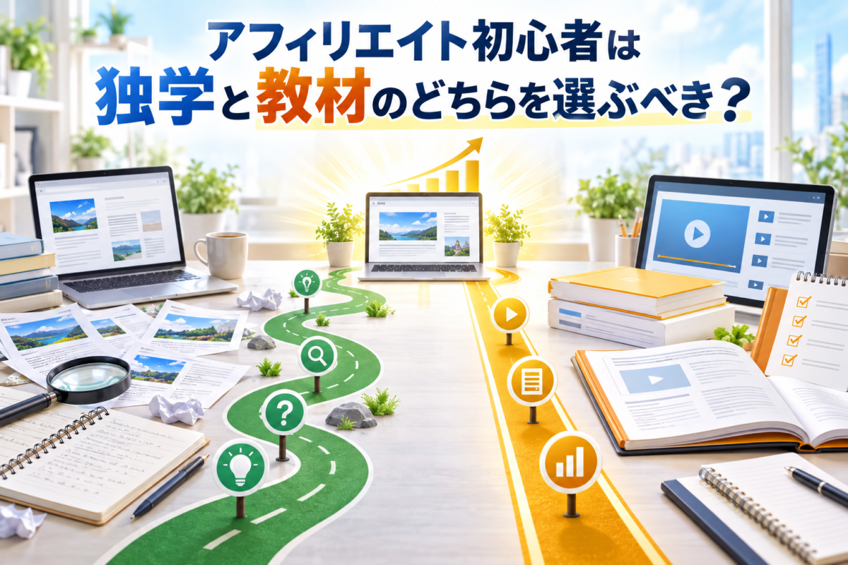 アフィリエイト初心者が独学と教材のどちらで学ぶべきかを比較した画像