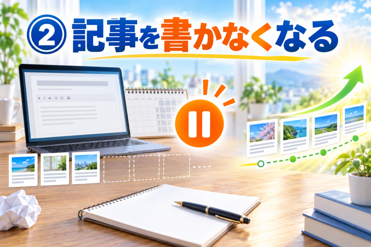 アフィリエイト初心者が記事を書かなくなる失敗と継続してブログを成長させる大切さを表した画像
