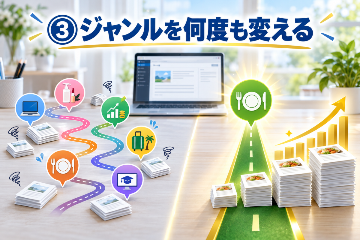アフィリエイト初心者がジャンルを何度も変える失敗と一つのテーマに絞って専門性を育てる大切さを表した画像