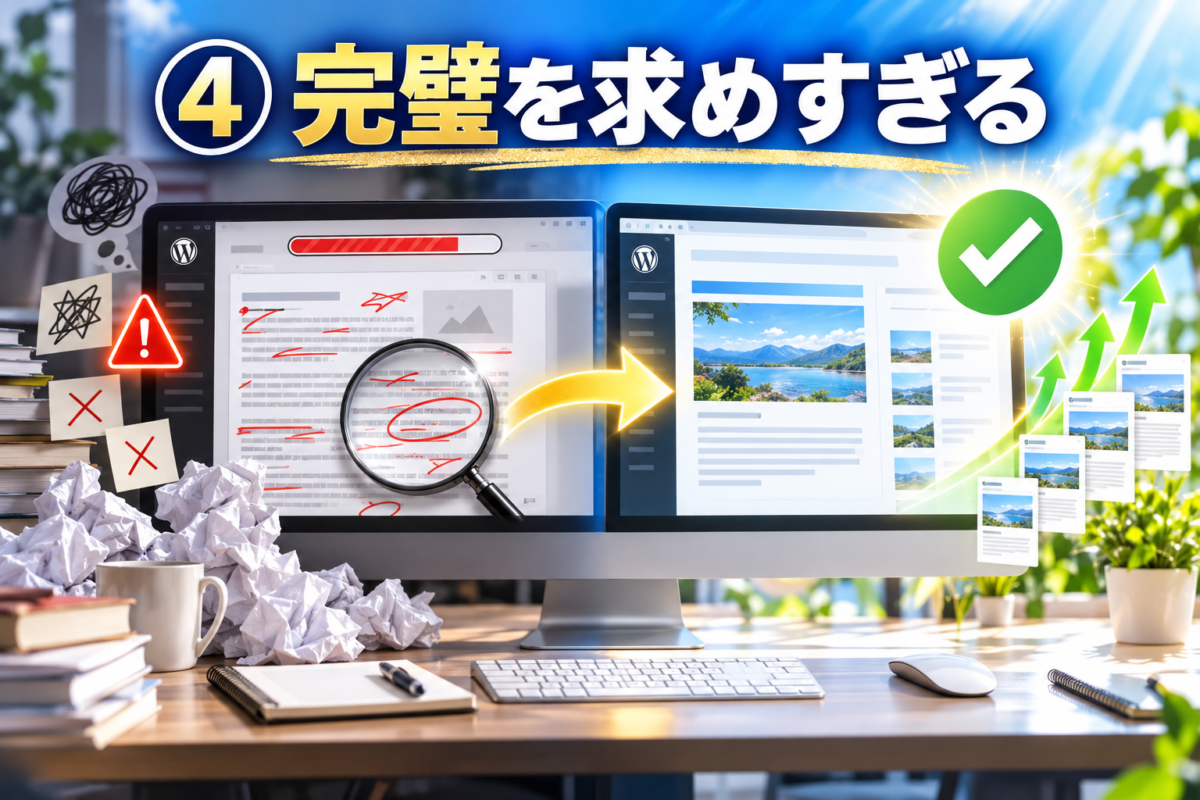 アフィリエイト初心者が完璧を求めすぎて記事を公開できない失敗と公開後に改善する大切さを表した画像