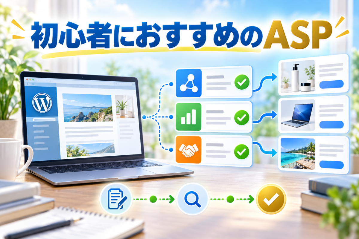 アフィリエイト初心者が複数のASPから自分に合う広告案件を選ぶ流れを表した画像