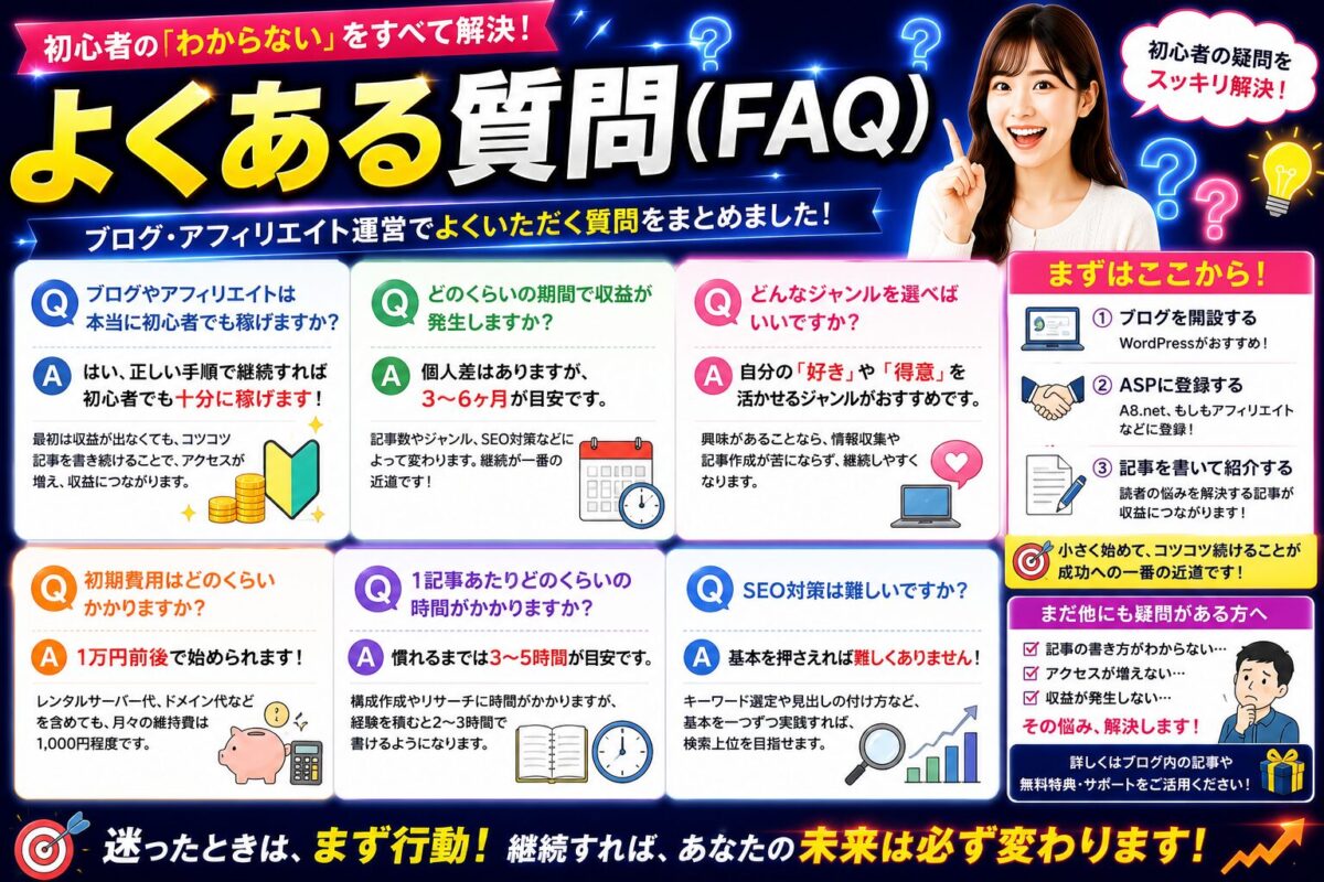 アフィリエイト初心者からよくある質問と回答をまとめたFAQ画像。WordPressブログの始め方や収益化、SEO、ASPに関する疑問をわかりやすく解説。