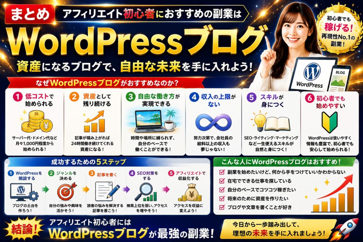 アフィリエイト初心者におすすめの副業としてWordPressブログを紹介するまとめ画像。ブログを資産として育てるメリットや収益化までの流れをわかりやすく解説。