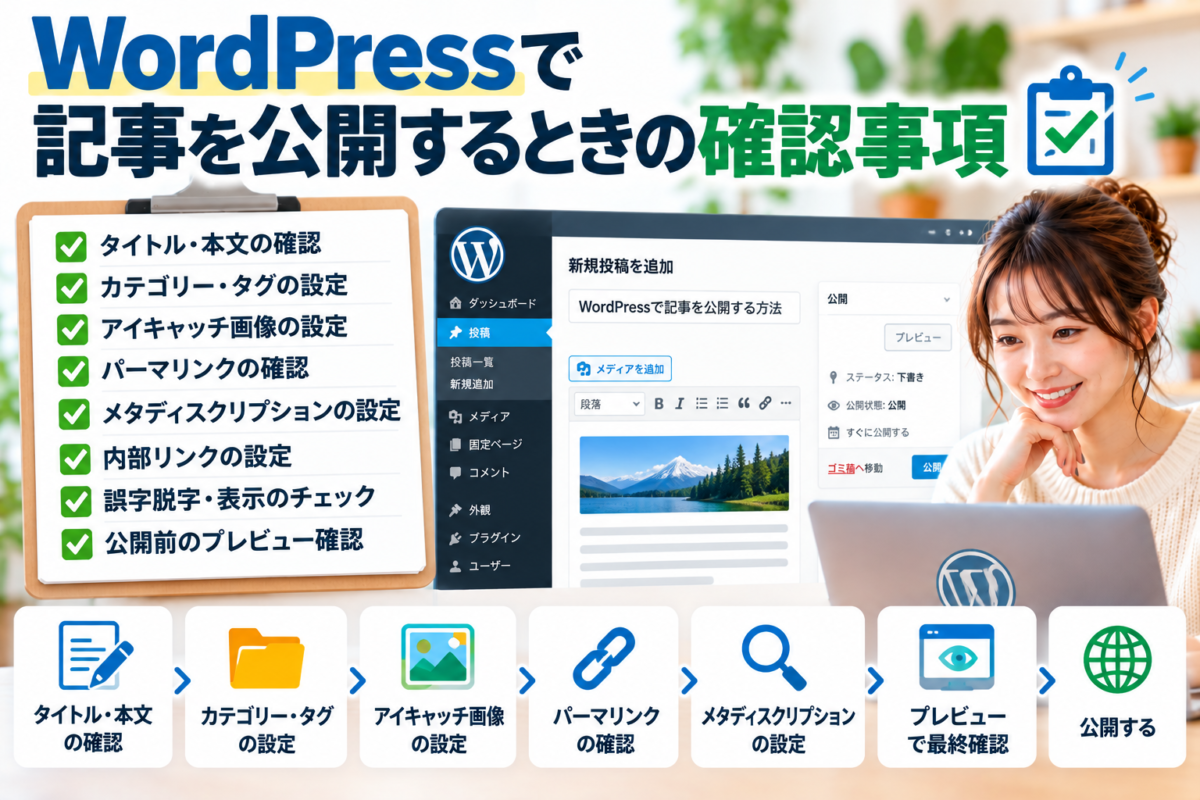 WordPressで記事を公開するときの確認事項｜タイトル・カテゴリー・アイキャッチ画像・パーマリンク・メタディスクリプションのチェックリスト