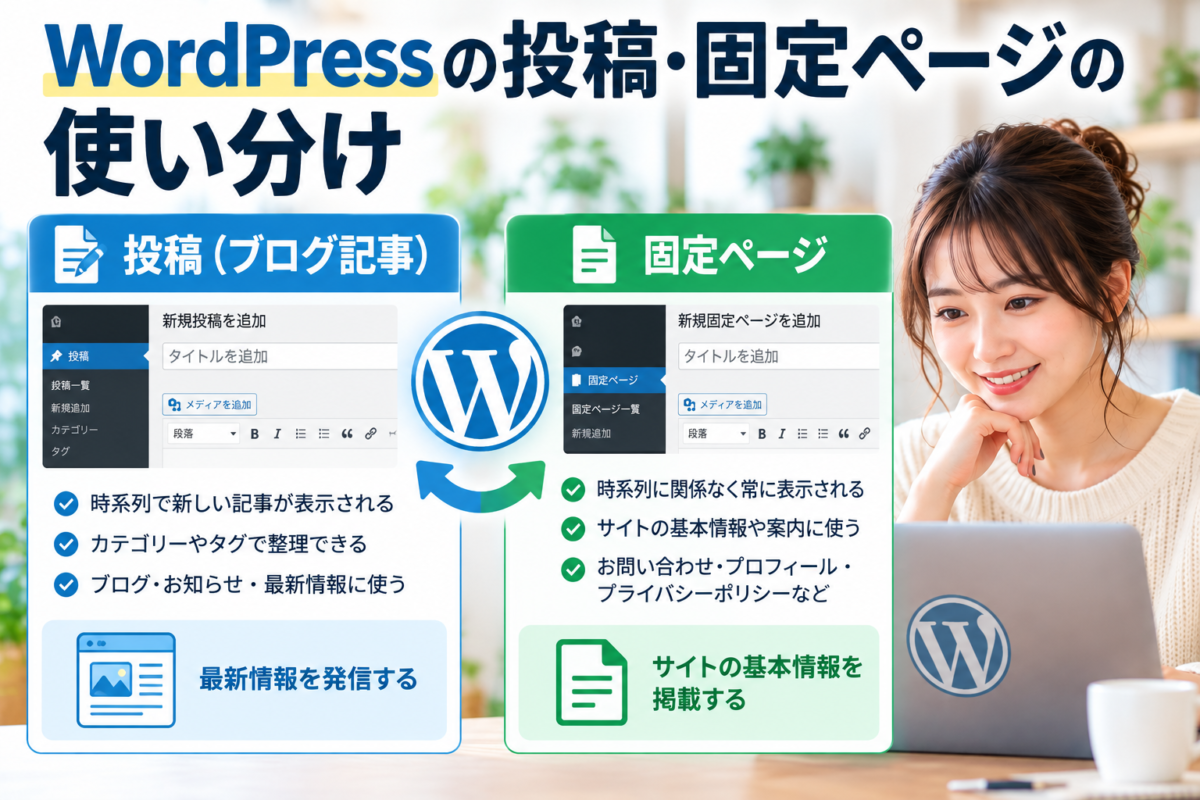 WordPressの投稿と固定ページの使い分け｜ブログ記事とプロフィール・問い合わせページの違い