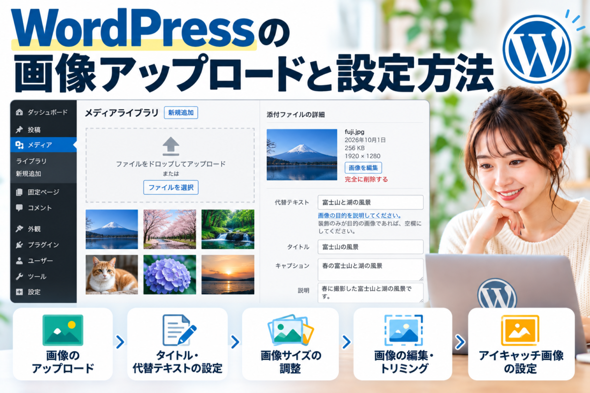 WordPressの画像アップロードと設定方法｜メディアライブラリ・代替テキスト・画像サイズ・アイキャッチ画像