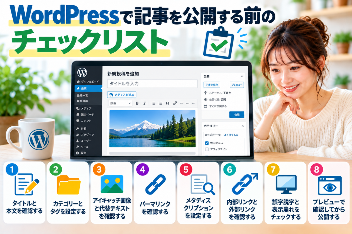 WordPressで記事を公開する前のチェックリスト｜タイトル・カテゴリー・画像・パーマリンク・内部リンク・プレビューの確認項目