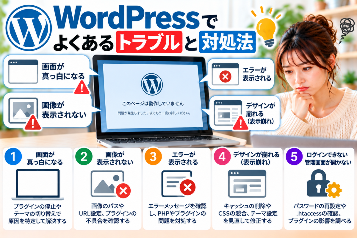 WordPressでよくあるトラブルと対処法｜画面が真っ白になる・画像が表示されない・エラー発生・デザイン崩れ・ログインできない場合の解決方法