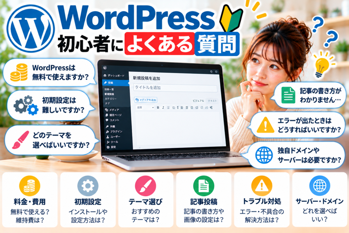 WordPress初心者によくある質問｜利用料金・初期設定・テーマ選び・記事投稿・画像設定・トラブル対処・サーバーとドメインの疑問