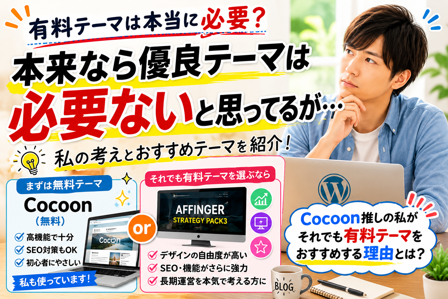 WordPress初心者におすすめの無料テーマCocoonを紹介する画像。高機能でSEO対策にも優れ、ブログ収益化を目指す初心者でも十分に活用できるWordPressテーマを表現。