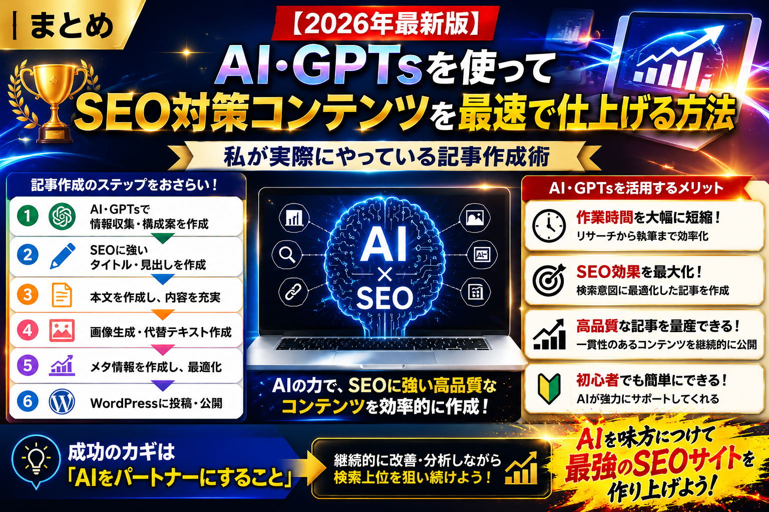 AI・GPTsを活用したSEO対策コンテンツ作成のまとめ画像。記事作成手順、SEO効果向上のポイント、WordPress運営への活用方法を分かりやすく図解。