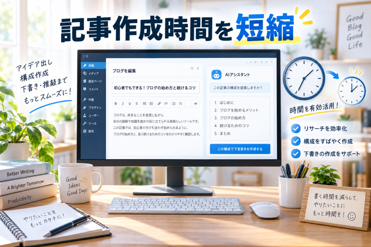 ChatGPTで記事構成や下書きを作成し、ブログ記事の作成時間を短縮する流れを表した画像