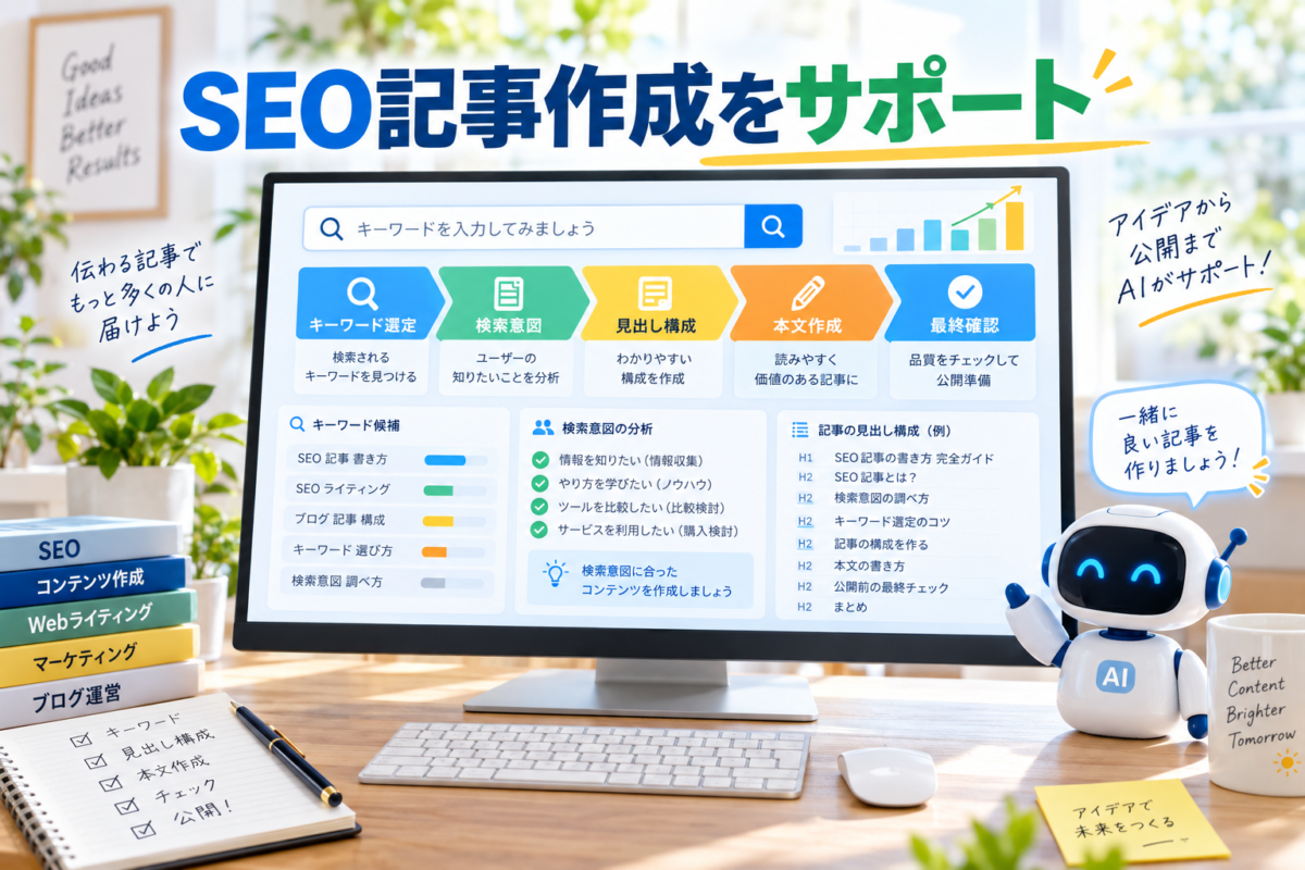 ChatGPTがキーワード選定、検索意図、見出し構成、本文作成などのSEO記事作成をサポートする流れを表した画像
