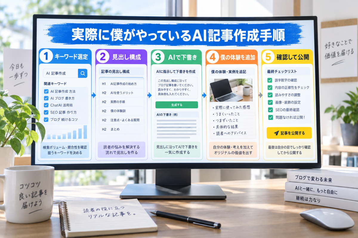 僕が実践しているキーワード選定、見出し構成、AI下書き、体験追加、確認と公開までのAI記事作成手順