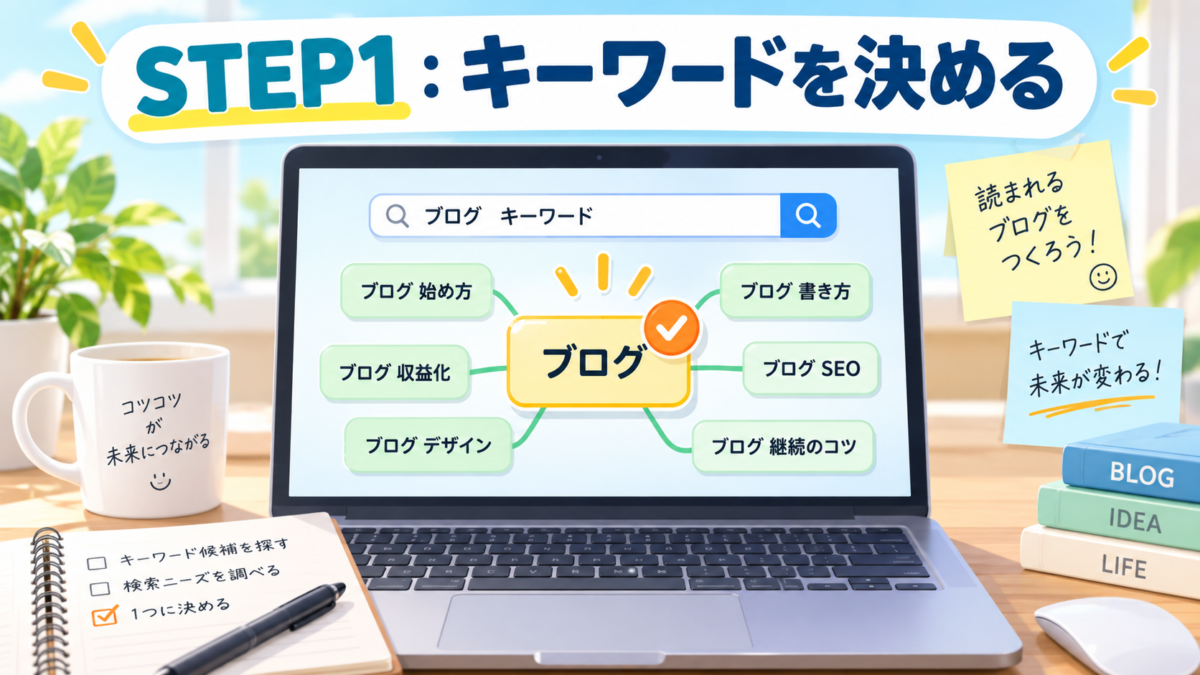 ブログ記事を作成するためにメインキーワードと関連キーワードを選ぶ手順を表した画像