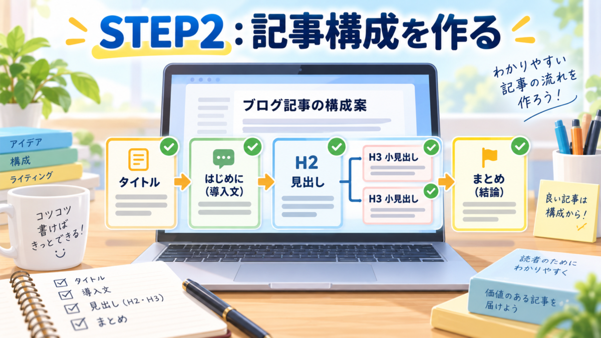 タイトル、導入文、H2・H3見出し、まとめの順番でブログ記事の構成を作る流れを表した画像