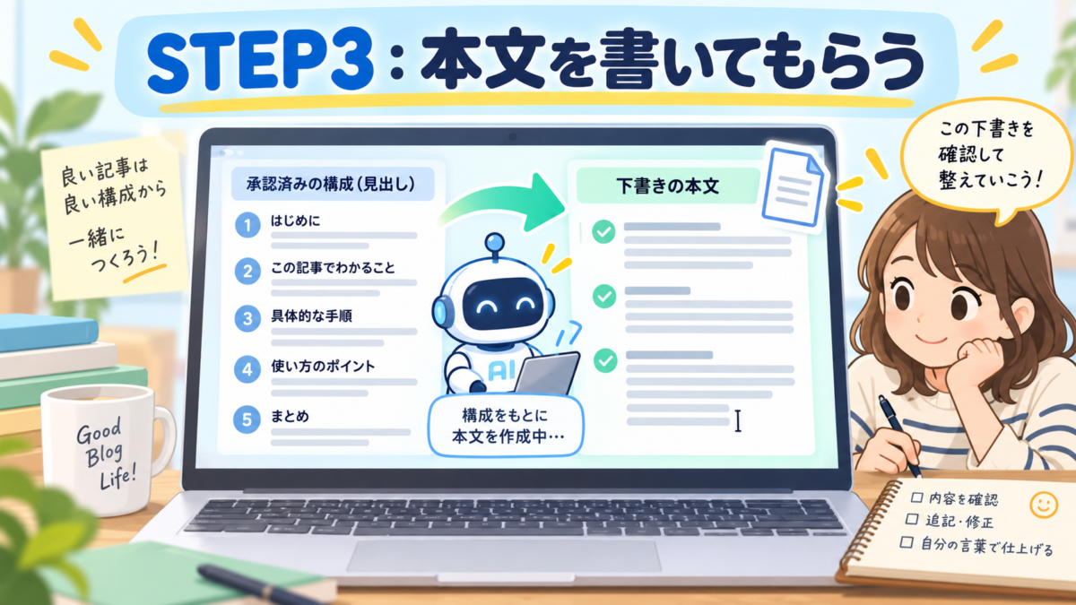作成した記事構成をもとにChatGPTがブログ本文の下書きを作り、人が確認して仕上げる流れを表した画像