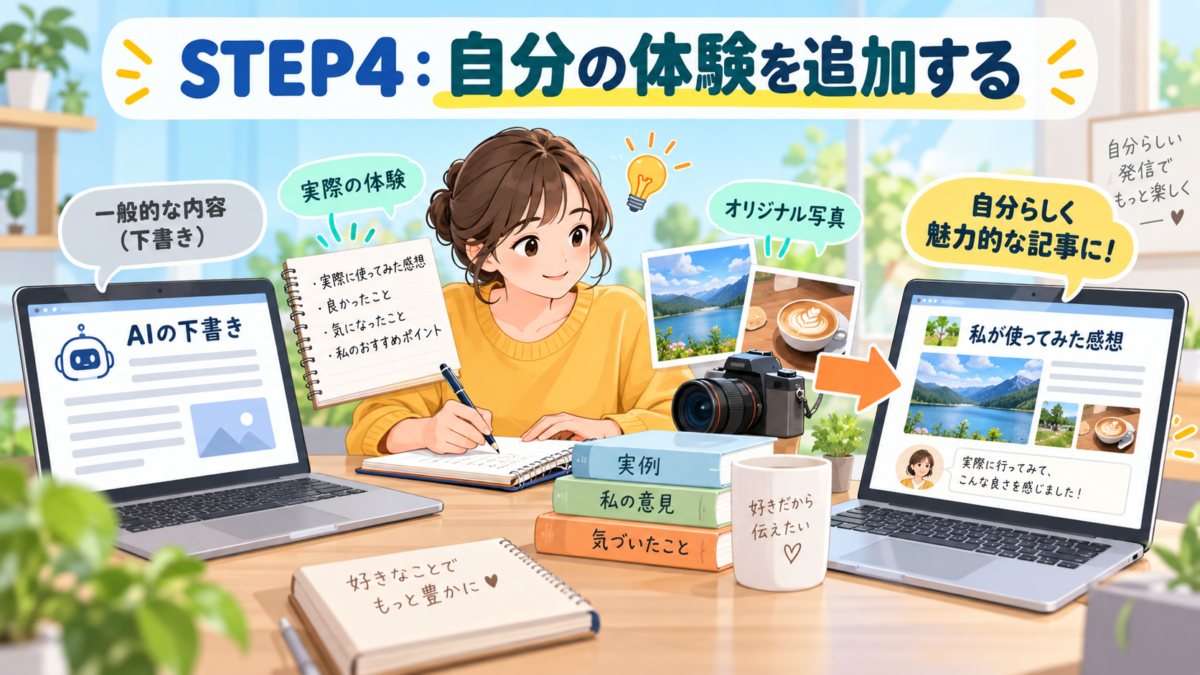ChatGPTが作った下書きに自分の体験や感想、実例、写真を追加してオリジナル記事に仕上げる様子を表した画像