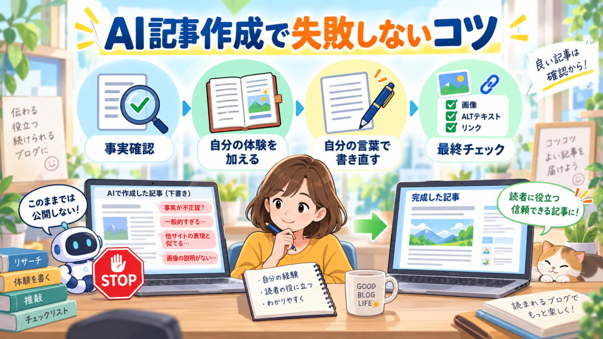 AI記事を公開する前に事実確認、自分の体験の追加、文章の書き直し、画像やALTとリンクの最終確認を行う様子