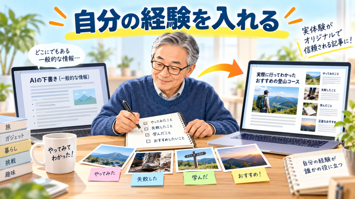 AIが作った一般的な下書きに、自分が実際に試したことや失敗、学び、写真を追加して独自の記事に仕上げる様子