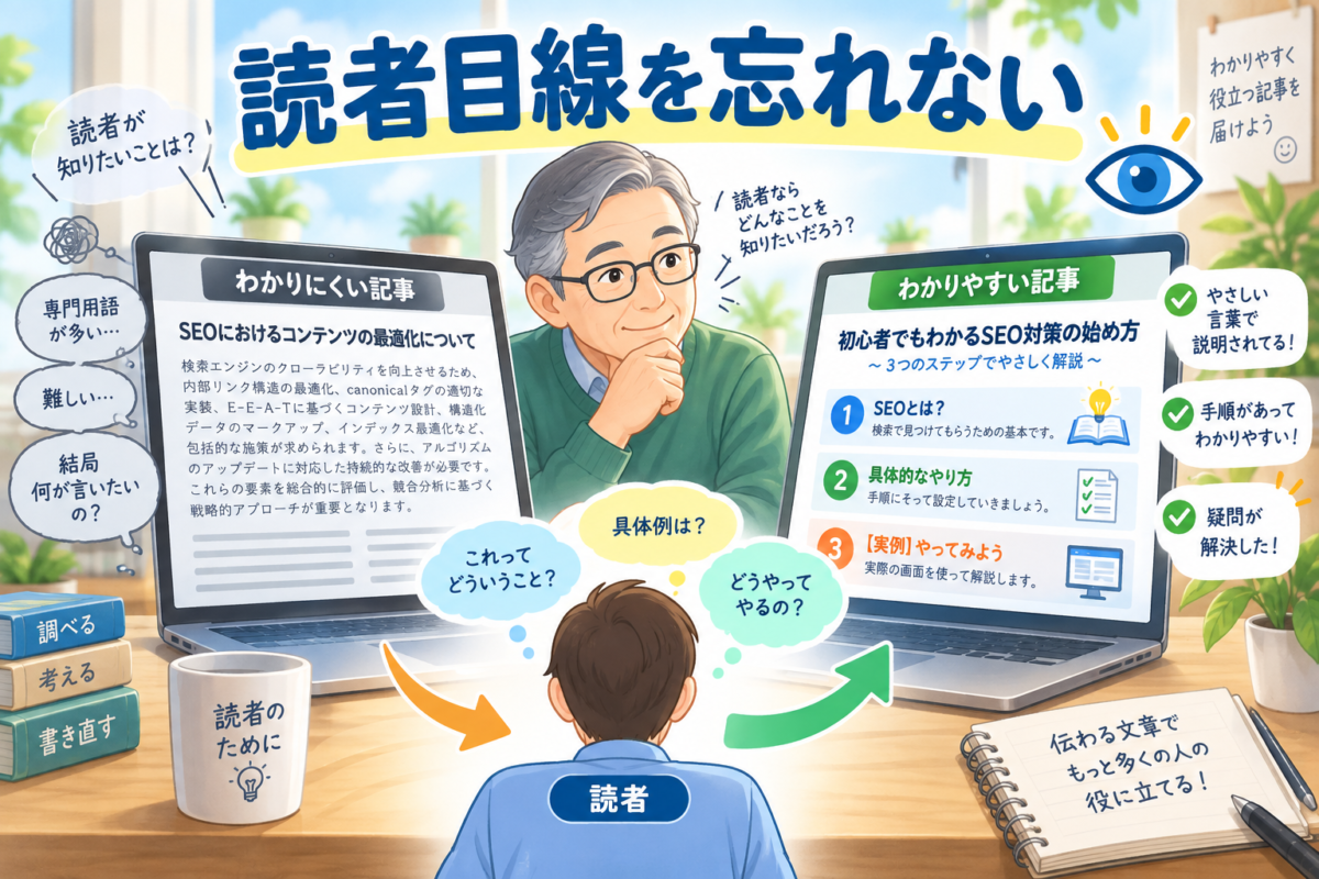 専門用語が多い難しい記事を、読者の疑問に沿った見出しとやさしい言葉で分かりやすく書き直す様子