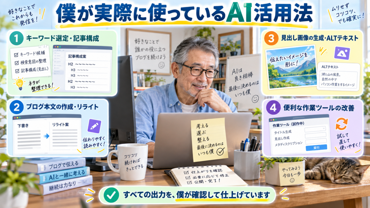 僕がAIをキーワード選定と記事構成、ブログ本文の作成、見出し画像とALT作成、作業ツールの改善に活用している様子